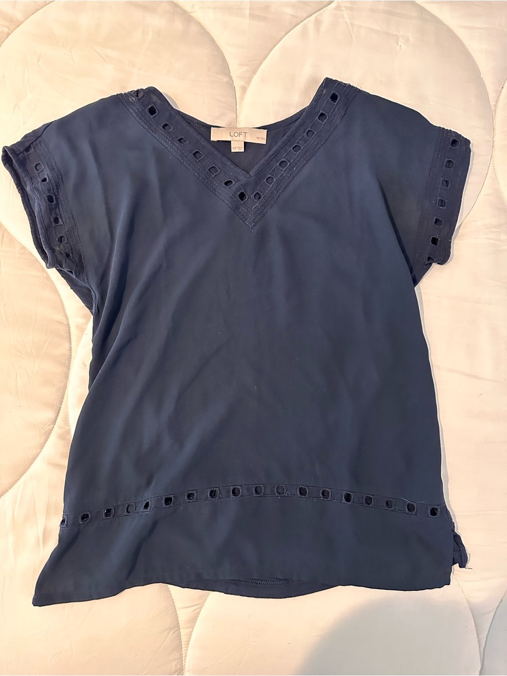LOFT Navy V-Neck Eyelet Trim Blouse - Women's Top